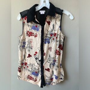 Cooperative Floral Button-Front Top – Knit Front & Sheer Black Back Size XS